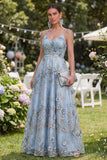 Blue A-Line Appliqued Ruched Long Floral Dress with 3D Flowers