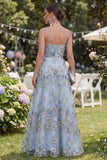 Blue A-Line Appliqued Ruched Long Floral Dress with 3D Flowers