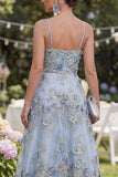 Blue A-Line Appliqued Ruched Long Floral Dress with 3D Flowers