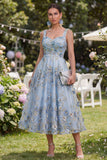Blue A-Line Wide Straps Midi Floral Dress with 3D Flowers