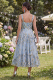 Blue A-Line Wide Straps Midi Floral Dress with 3D Flowers