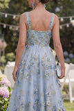 Blue A-Line Wide Straps Midi Floral Dress with 3D Flowers