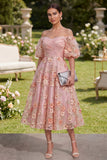 Pink Off the Shoulder A-Line Midi Floral Dress with Puff Sleeves
