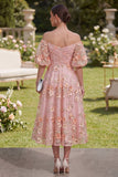 Pink Off the Shoulder A-Line Midi Floral Dress with Puff Sleeves