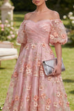 Pink Off the Shoulder A-Line Midi Floral Dress with Puff Sleeves