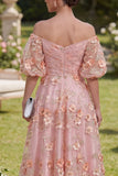 Pink Off the Shoulder A-Line Midi Floral Dress with Puff Sleeves