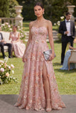 Sweetheart Pink A-Line Tulle Appliqued 3D Flowers Long Floral Dress with Slit