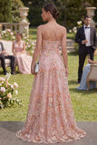 Sweetheart Pink A-Line Tulle Appliqued 3D Flowers Long Floral Dress with Slit