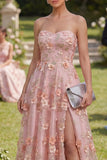 Sweetheart Pink A-Line Tulle Appliqued 3D Flowers Long Floral Dress with Slit