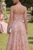 Sweetheart Pink A-Line Tulle Appliqued 3D Flowers Long Floral Dress with Slit
