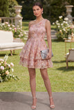 One Shoulder Pink A-Line Floral Dress with Ruffles