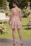 One Shoulder Pink A-Line Floral Dress with Ruffles