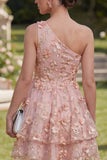 One Shoulder Pink A-Line Floral Dress with Ruffles