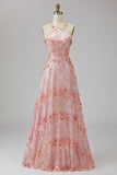 Halter A-Line Pink Long Floral Dress with 3D Flowers