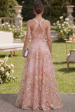 Halter A-Line Pink Long Floral Dress with 3D Flowers