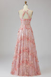 Halter A-Line Pink Long Floral Dress with 3D Flowers