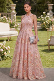 Halter A-Line Pink Long Floral Dress with 3D Flowers