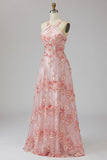 Halter A-Line Pink Long Floral Dress with 3D Flowers