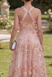 Halter A-Line Pink Long Floral Dress with 3D Flowers