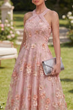 Halter A-Line Pink Long Floral Dress with 3D Flowers