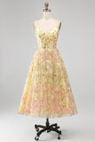Light Yellow A-Line Corset Floral Embroidery Midi Wedding Guest Dress