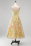 Light Yellow A-Line Corset Floral Embroidery Midi Wedding Guest Dress
