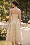 Light Yellow Corset A Line Spaghetti Straps Midi Floral Dress