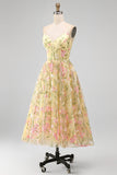 Light Yellow A-Line Corset Floral Embroidery Midi Wedding Guest Dress