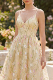 Light Yellow Corset A Line Spaghetti Straps Midi Floral Dress