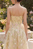Light Yellow Corset A Line Spaghetti Straps Midi Floral Dress