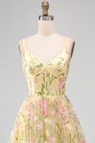 Light Yellow A-Line Corset Floral Embroidery Midi Wedding Guest Dress