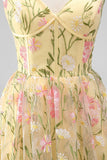 Light Yellow A-Line Corset Floral Embroidery Midi Wedding Guest Dress