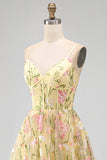 Light Yellow A-Line Corset Floral Embroidery Midi Wedding Guest Dress