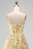 Light Yellow A-Line Corset Floral Embroidery Midi Wedding Guest Dress