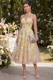 Light Yellow A Line Spaghetti Straps Midi Floral Dress