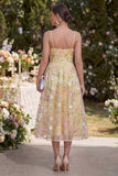 Light Yellow A Line Spaghetti Straps Midi Floral Dress