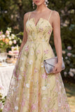 Light Yellow A Line Spaghetti Straps Midi Floral Dress