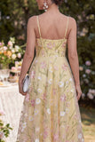 Light Yellow A Line Spaghetti Straps Midi Floral Dress