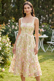 Light Yellow A Line Square Neck Midi Floral Dress