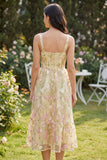 Light Yellow A Line Square Neck Midi Floral Dress