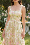 Light Yellow A Line Square Neck Midi Floral Dress