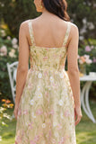 Light Yellow A Line Square Neck Midi Floral Dress