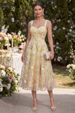 A Line Light Yellow Wide Straps Midi Floral Dress