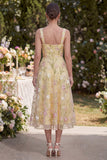 A Line Light Yellow Wide Straps Midi Floral Dress