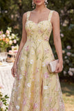 A Line Light Yellow Wide Straps Midi Floral Dress