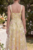 A Line Light Yellow Wide Straps Midi Floral Dress