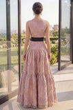Blush Jacquard A Line Boat Neck Maxi Floral Dress with Bow