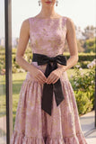 Blush Jacquard A Line Boat Neck Maxi Floral Dress with Bow
