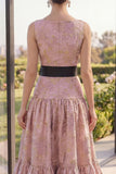 Blush Jacquard A Line Boat Neck Maxi Floral Dress with Bow