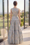 Blush Jacquard A Line Boat Neck Maxi Floral Dress with Bow
